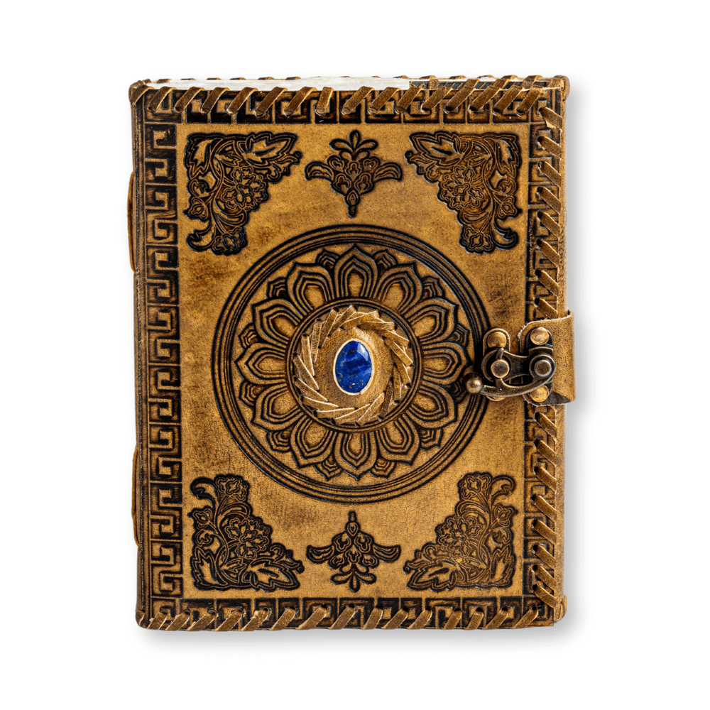 Jurnal din piela naturala autentic cu coperta gravata si piatra naturala Lapis Lazuli si hartie bumbac alba