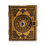 Jurnal din piele naturala autentic cu coperta gravata si piatra naturala Lapis Lazuli si hartie bumbac galbena