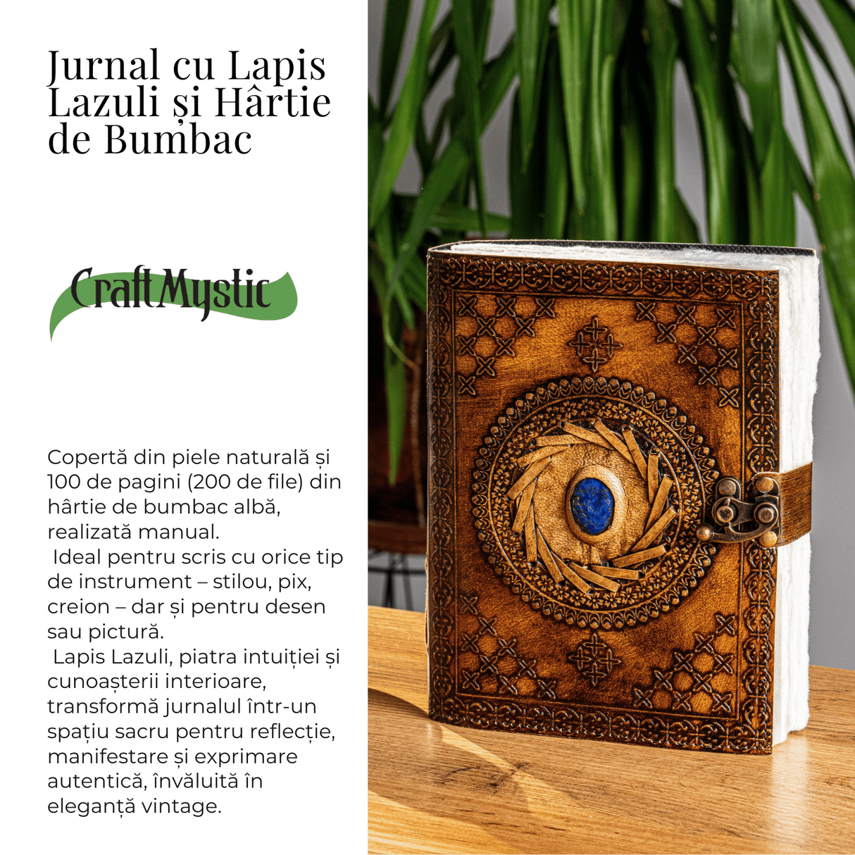 Jurnal din piele naturala cu Lapis Lazuli si hartie de bumbac - Calatorie interioara in stil vintage