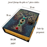 Jurnal vintage pentru magie model "Book of Shadow" cu 7 pietre pentru cele 7 chakre - Jurnal cu inchidere cu lacat, handmade din piele vintage 20x15 cm