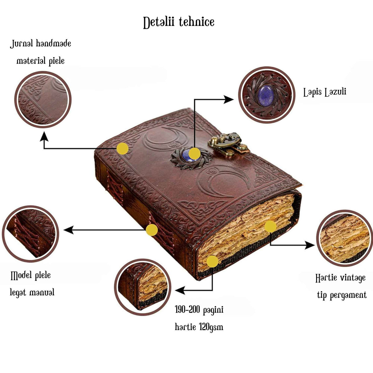 Jurnal din Piele design cu Tripla Luna si piatra semipretioasa Lapis Lazuli - Hartie Vintage tip pergament Ideal pentru Schite si Notite, 20 x 15 cm cm