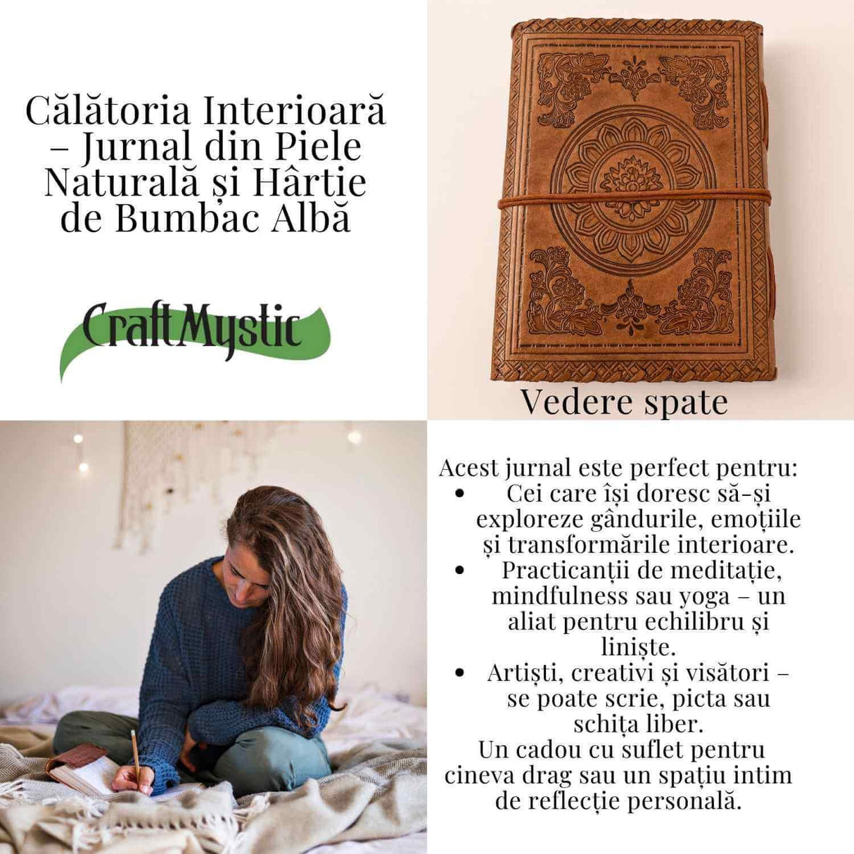 Jurnal Piele Naturala cu Cristal Galben si Hartie din Bumbac – Mandala Vintage