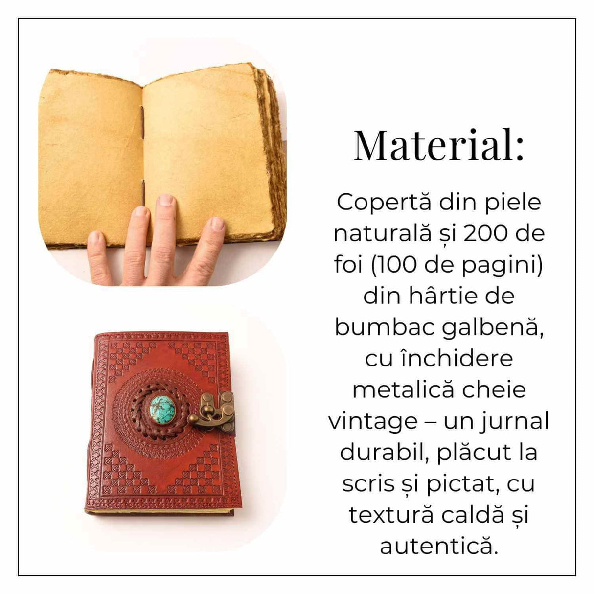 Calatoria Interioara - Jurnal din Piele Naturala cu Piatra Decorativa si Hartie de Bumbac Galbena