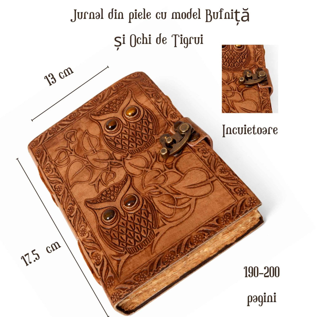 Jurnal din piele naturala model Bufnita si Ochi de Tigru 17x13 cm – Intelepciune si Claritate Interioara
