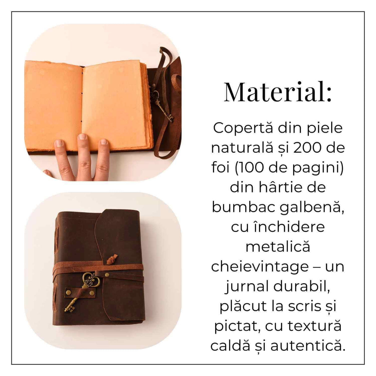 Jurnal Piele Naturala cu Hartie din Bumbac galbena model cheita