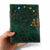 Jurnal Vintage din Piele Naturala cu Arborele Chakrelor si 7 Pietre – hartie de bumbac 18x13 cm