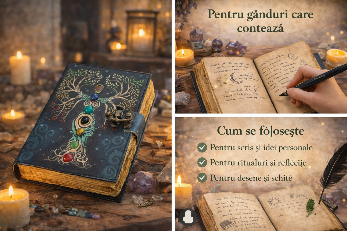 Jurnal vintage pentru magie model "Book of Shadow" cu 7 pietre pentru cele 7 chakre - Jurnal cu inchidere cu lacat, handmade din piele vintage 20x15 cm