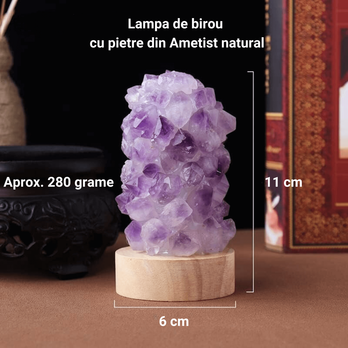 Mini Lampa Decorativa 11 cm cu Cristale de Ametist si Baza LED USB Ideala pentru Masa de Noptiera