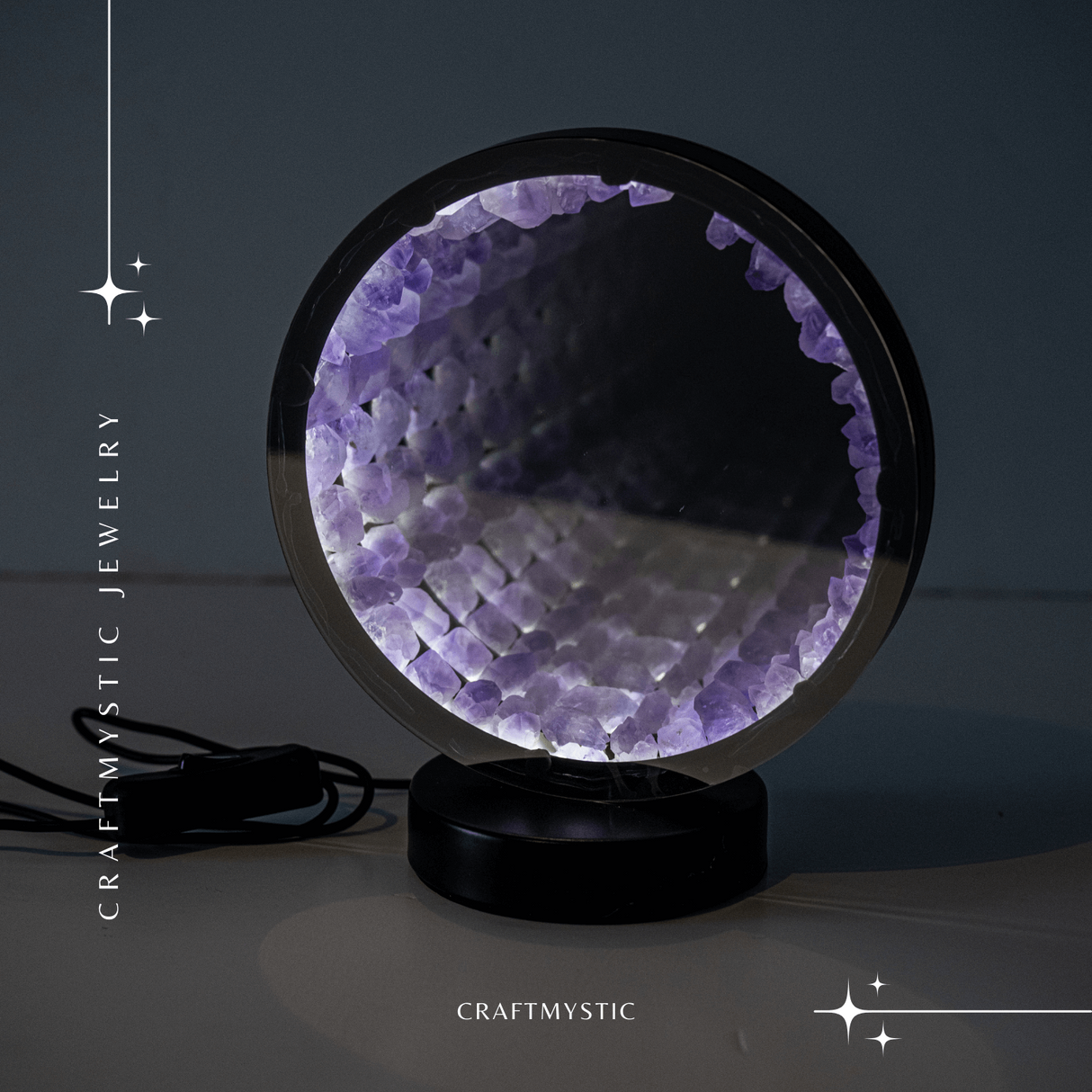 Lampa cu Oglinda si Ametist Natural - Decor cu Iluminare Magica si Cristale Energetice