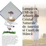 Mini Lampa de Noapte cu Arbore din Ametist Natural - Decoratiune de Birou cu Cristal Alb, Ideala pentru Dormitor si Decor Acasa