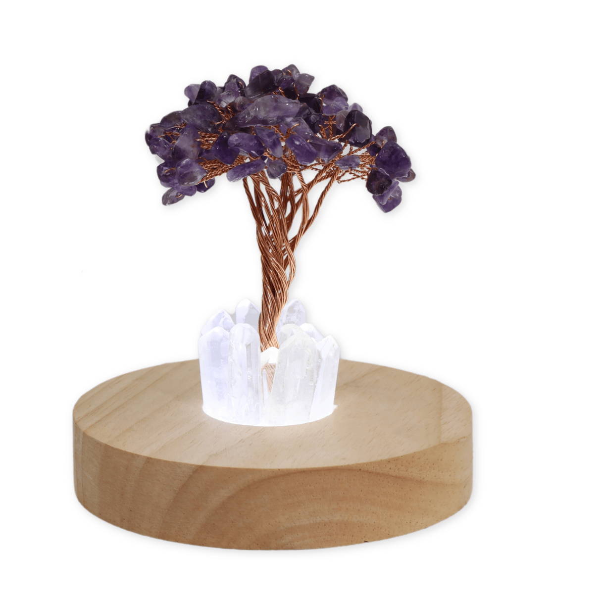 Mini Lampa de Noapte cu Arbore din Ametist Natural - Decoratiune de Birou cu Cristal Alb, Ideala pentru Dormitor si Decor Acasa