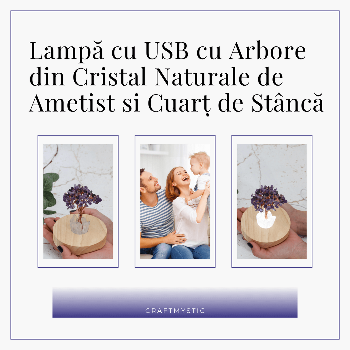 Mini Lampa de Noapte cu Arbore din Ametist Natural - Decoratiune de Birou cu Cristal Alb, Ideala pentru Dormitor si Decor Acasa