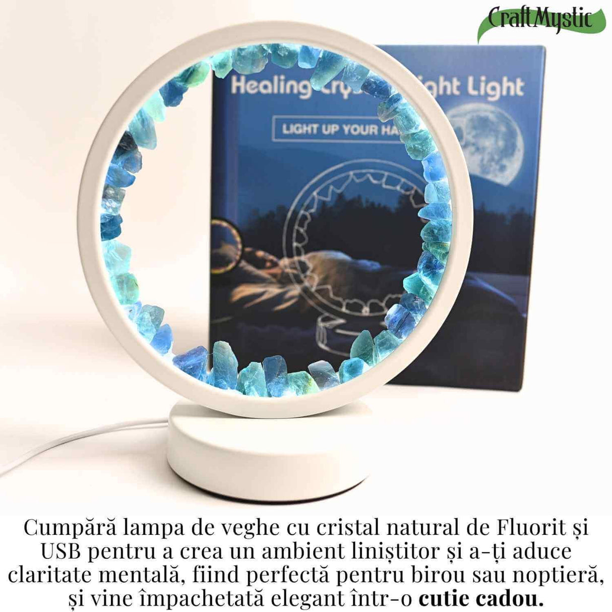 Lampa de noapte rotunda cu cristale fluorit - Echilibru si calm pentru orice camera