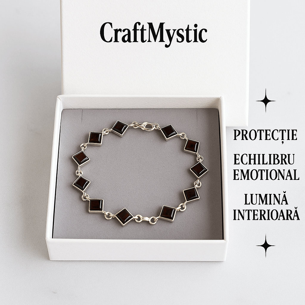 Bratara montura argint 925 cu chihlimbar rosu inchis - Geometrie si rafinament natural