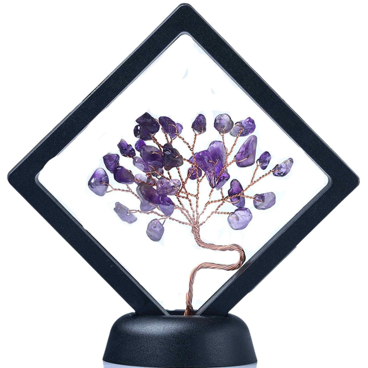 Mini copacel 12 cm din pietre semipretioase Ametist in rama neagra - Ornamente pentru casa reiki cu copaci norocosi