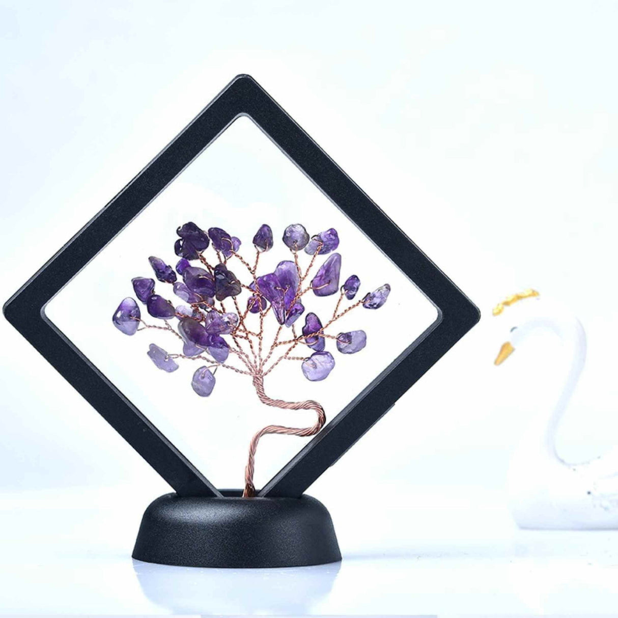 Mini copacel 12 cm din pietre semipretioase Ametist in rama neagra - Ornamente pentru casa reiki cu copaci norocosi