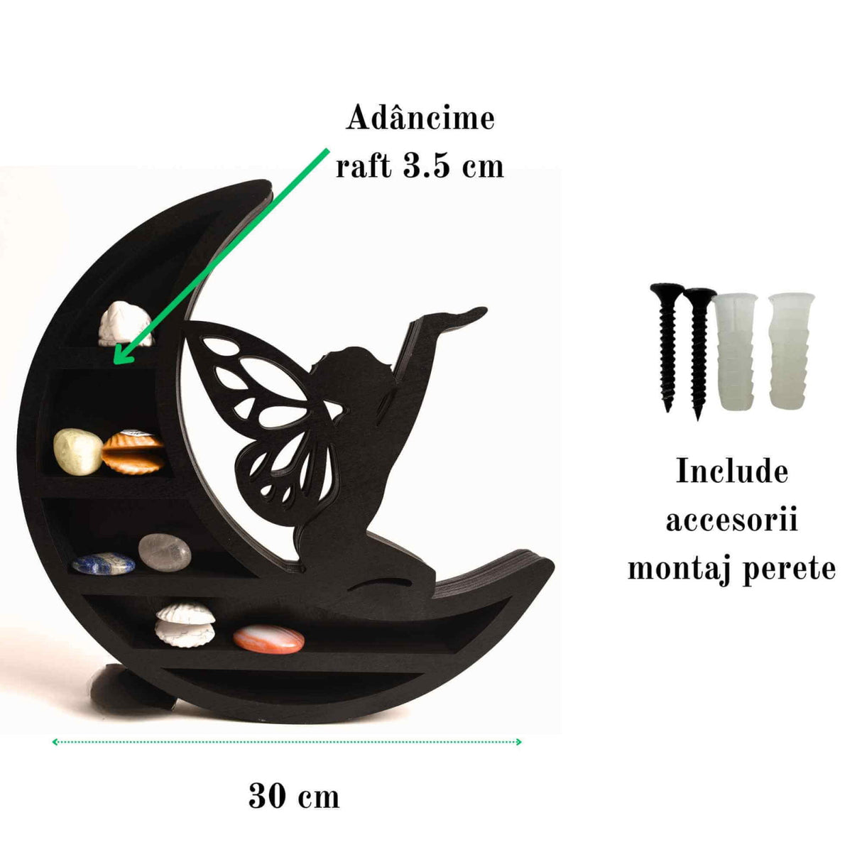 Mini Raft negru 30x30 cm expunere din lemn pentru cristale, uleiuri esentiale design Luna Stea - Decorare pentru camera