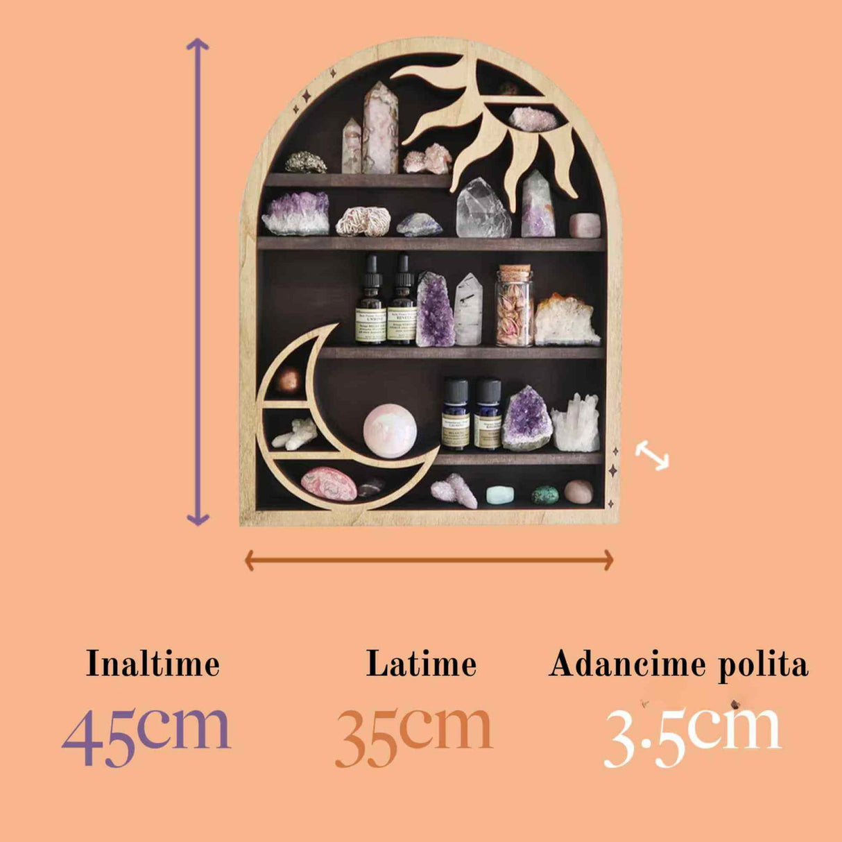 Mini Raft 45x35 cm expunere din lemn pentru cristale, uleiuri esentiale design Soare si Luna - Decorare gotica pentru camera