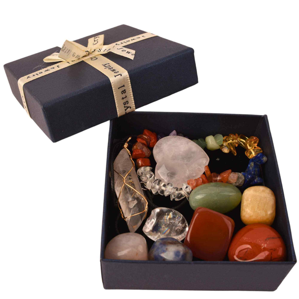 Mini Set cu 8 mini pietre semipretioase polisate, 1 bratara chakra, 1 colier cu cristal de stanca si o inima din cuart roz