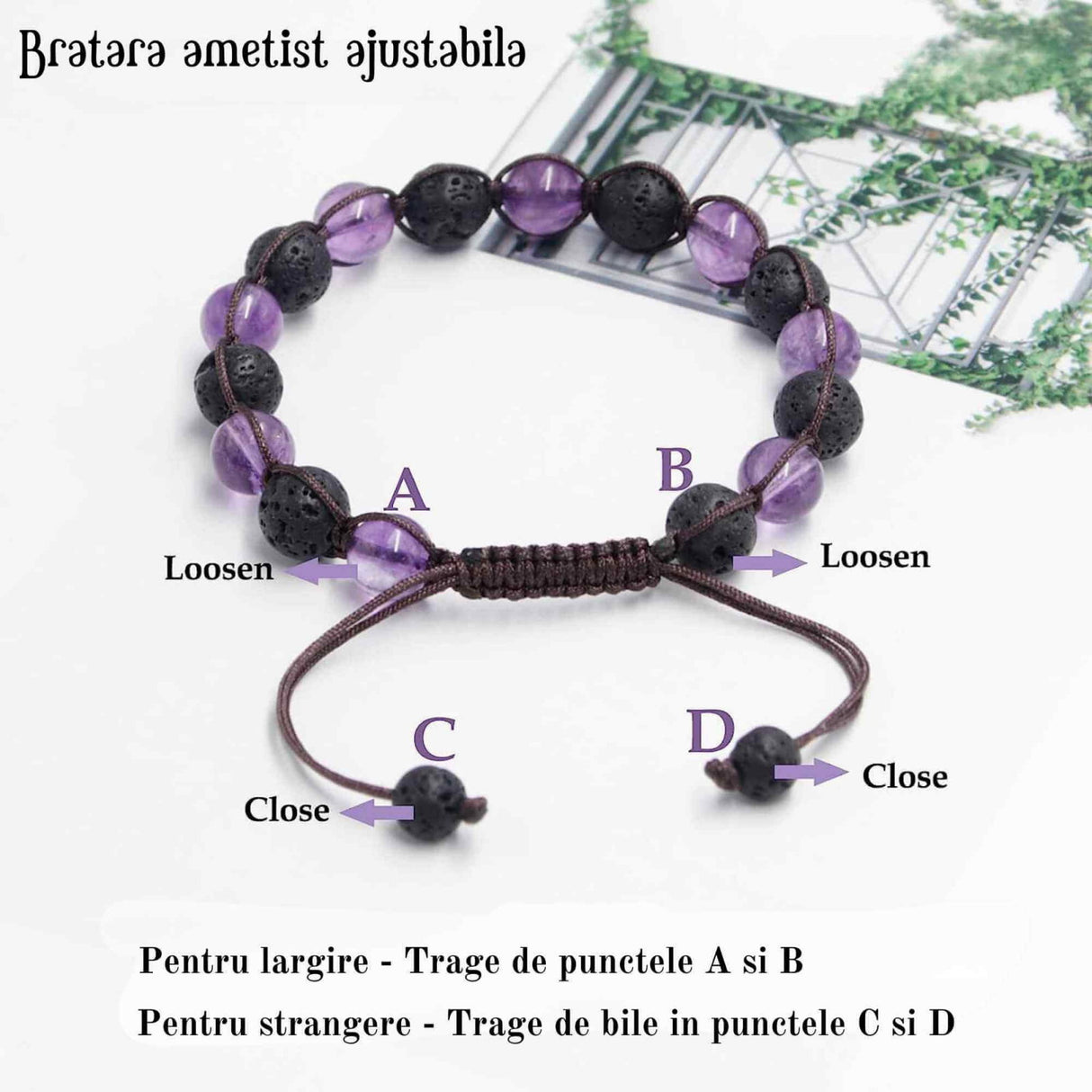 Bratara lucrata manual cu cristale 8mm naturale de ametist si roca vulcanica - Pentru femei protectie energetica pentru noroc si echilibru