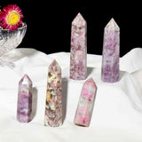 Turn de cristal din Turmalina Roz 9-10 cm Bagheta cu 6 fete pentru vindecare, meditatie si decor in casa si birou