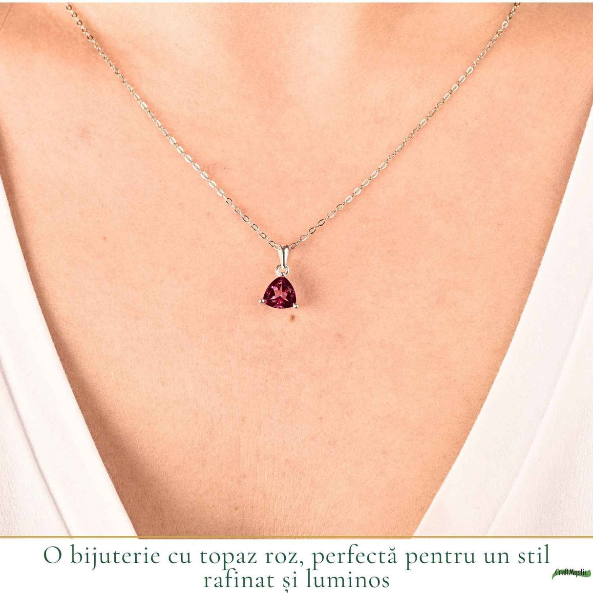 Colier argint 925 cu Topaz Roz forma de triunghi – Iubire si echilibru emotional