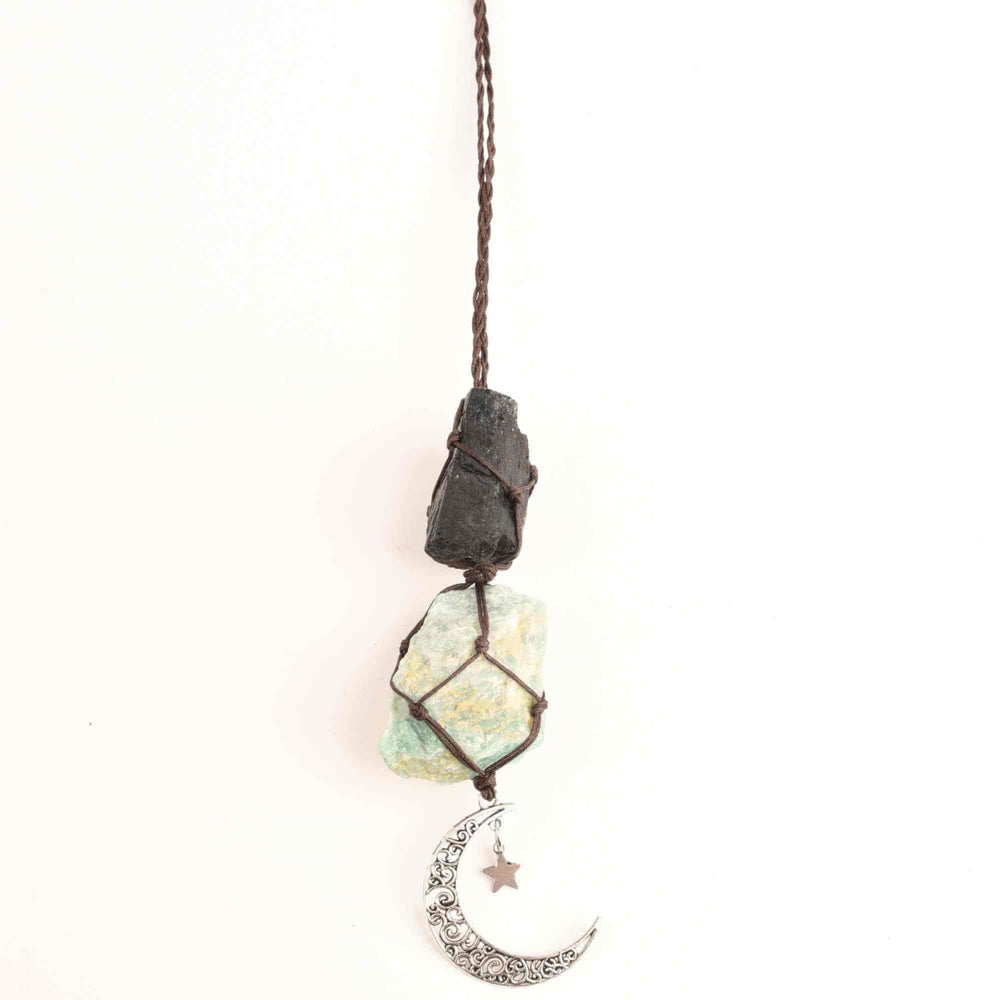Ornament de agatat cu cristale vindecatoare Ametist si Turmalina Neagra, accesorii sub forma de semiluna si steluta Decor feng shui pentru oglinda masinii, casa si birou