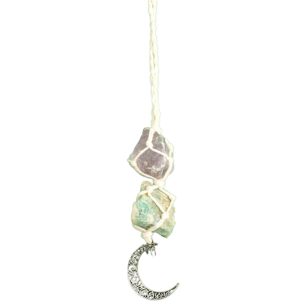 Ornament de agatat cu cristale vindecatoare Ametist si Turmalina Neagra, accesorii sub forma de semiluna si steluta Decor feng shui pentru oglinda masinii, casa si birou