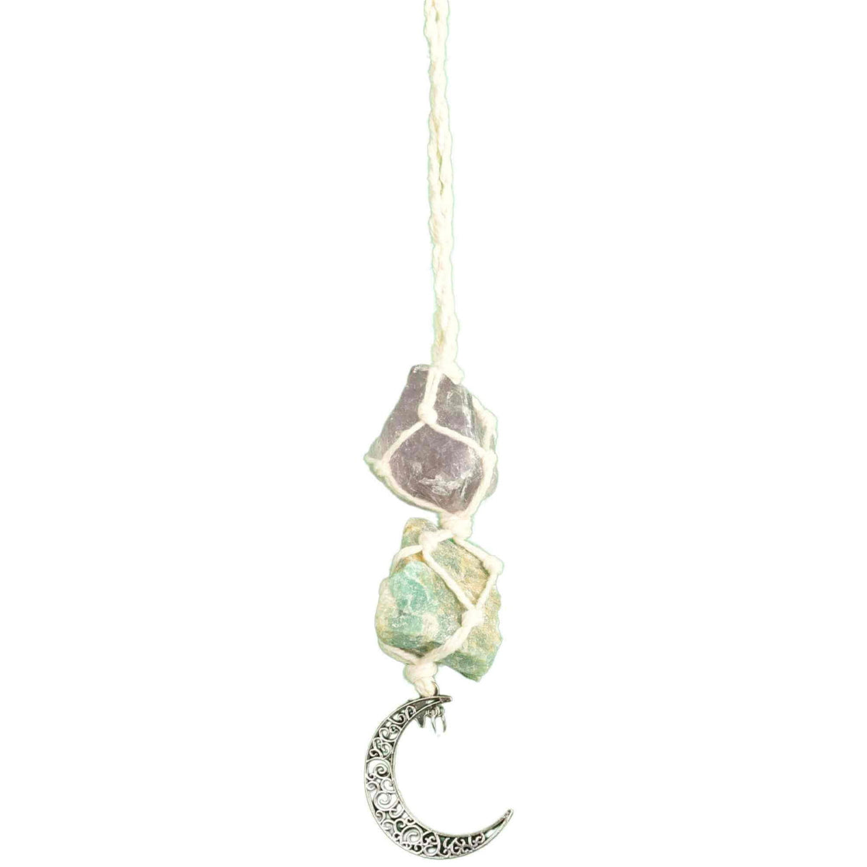 Ornament de agatat cu cristale vindecatoare Ametist si Amazonit cu snur alb, accesorii sub forma de semiluna si steluta Decor feng shui pentru oglinda masinii, casa si birou