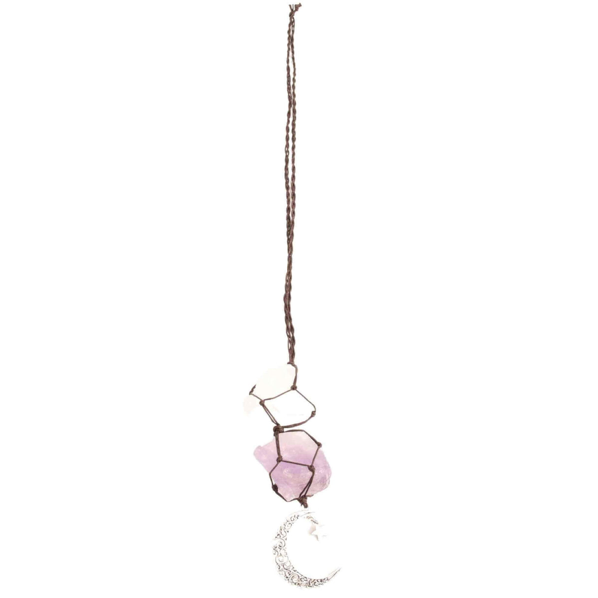 Ornament de agatat cu cristale vindecatoare Ametist si Turmalina Neagra, accesorii sub forma de semiluna si steluta Decor feng shui pentru oglinda masinii, casa si birou