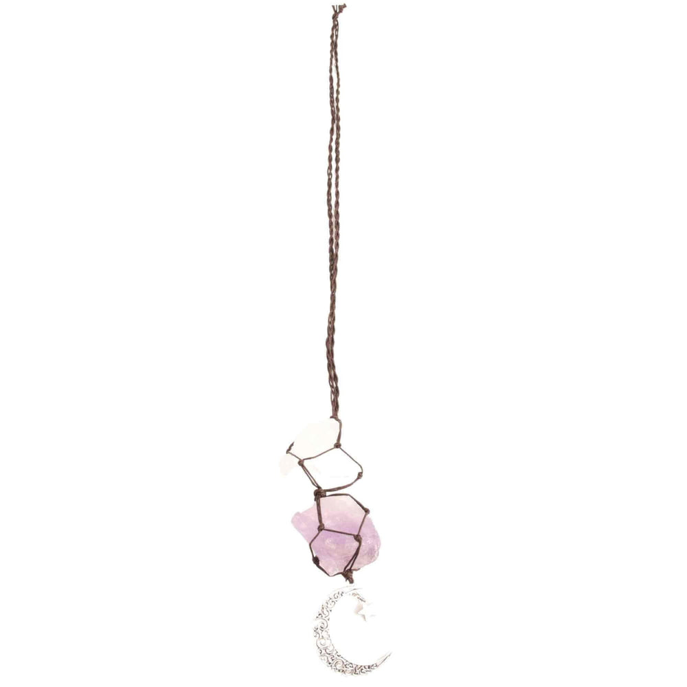 Ornament de agatat cu cristale vindecatoare Ametist si Turmalina Neagra, accesorii sub forma de semiluna si steluta Decor feng shui pentru oglinda masinii, casa si birou