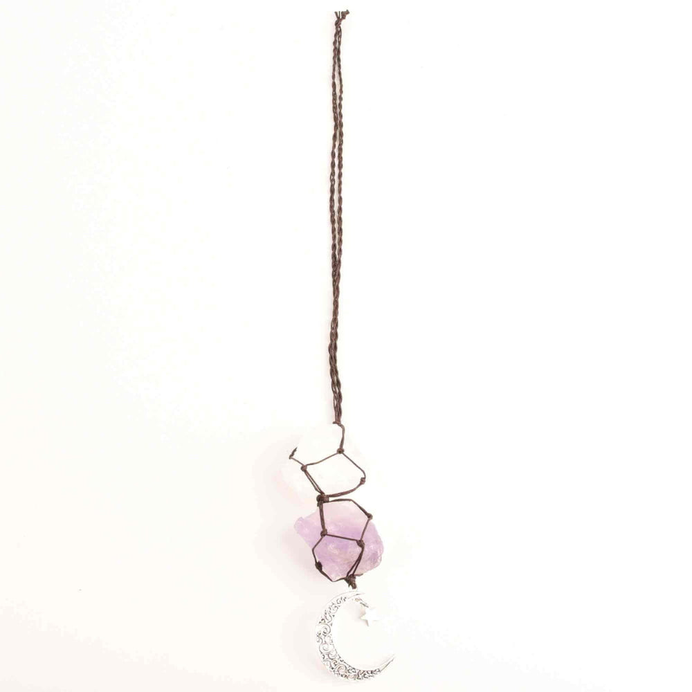 Ornament de agatat cu cristale vindecatoare Cuart Transparent si Ametist, accesorii sub forma de semiluna si steluta Decor feng shui pentru oglinda masinii, casa si birou