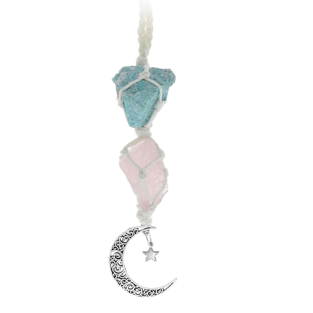 Ornament de agatat cu cristale vindecatoare Ametist si Turmalina Neagra, accesorii sub forma de semiluna si steluta Decor feng shui pentru oglinda masinii, casa si birou