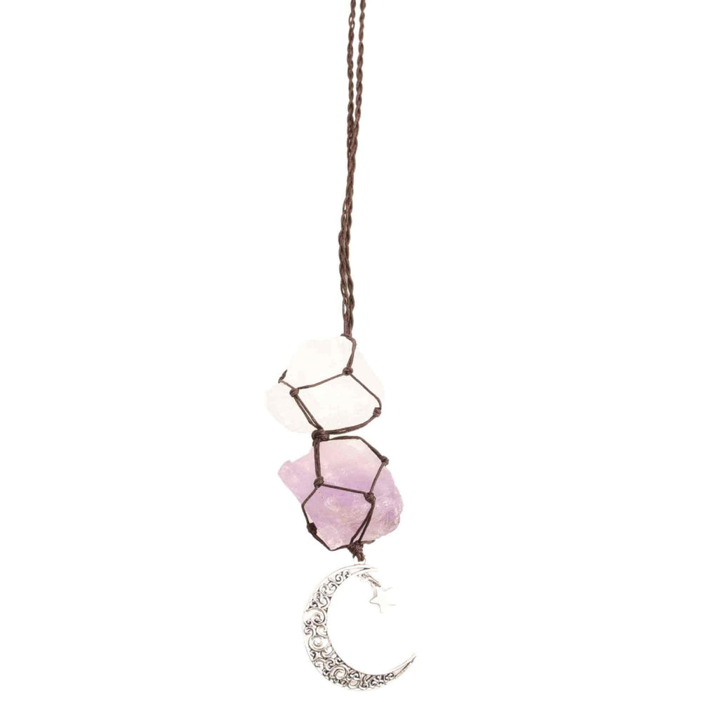Ornament de agatat cu cristale vindecatoare Ametist si Turmalina Neagra, accesorii sub forma de semiluna si steluta Decor feng shui pentru oglinda masinii, casa si birou