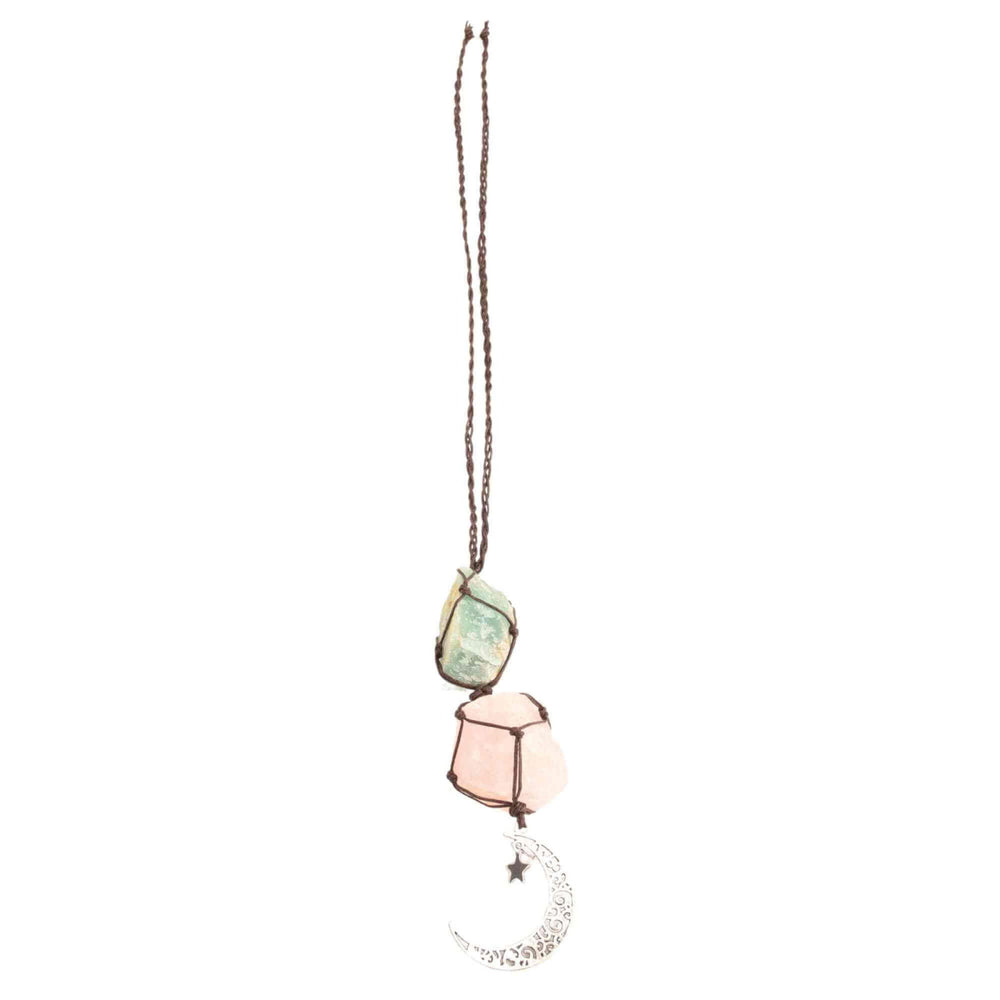 Ornament de agatat cu cristale vindecatoare Ametist si Turmalina Neagra, accesorii sub forma de semiluna si steluta Decor feng shui pentru oglinda masinii, casa si birou