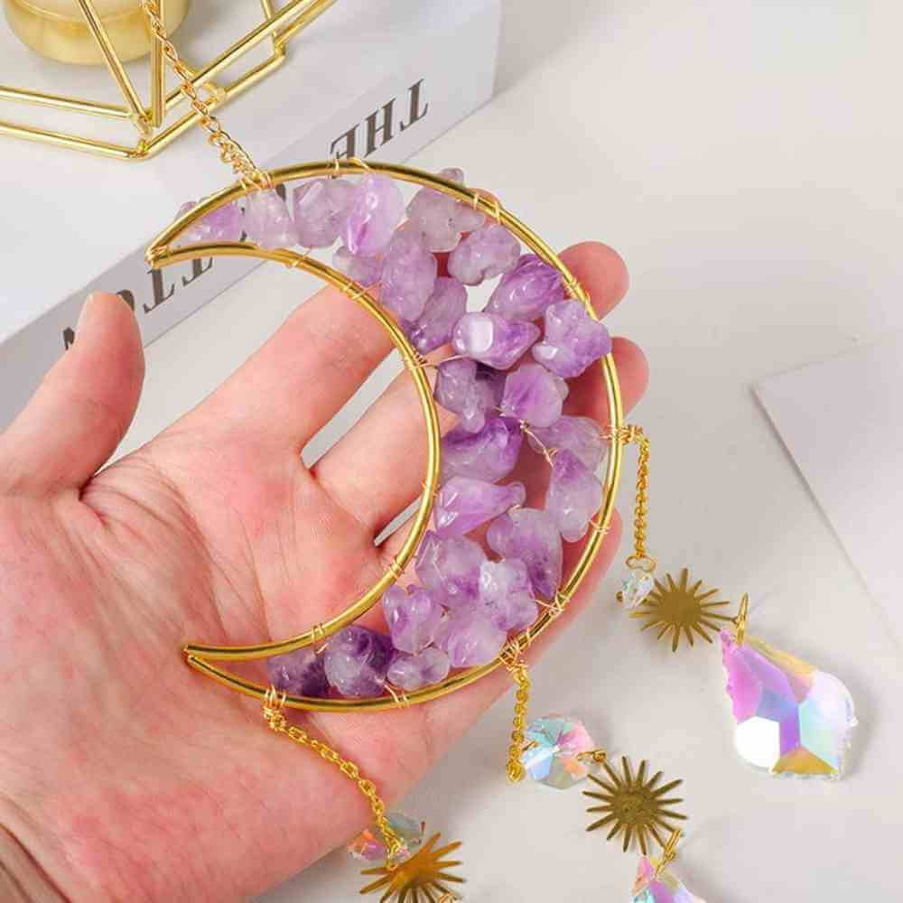 Ornament de agatat Suncatcher sub forma de semiluna cu cristal Ametist decoratiune feng shui pentru casa, masina si birou