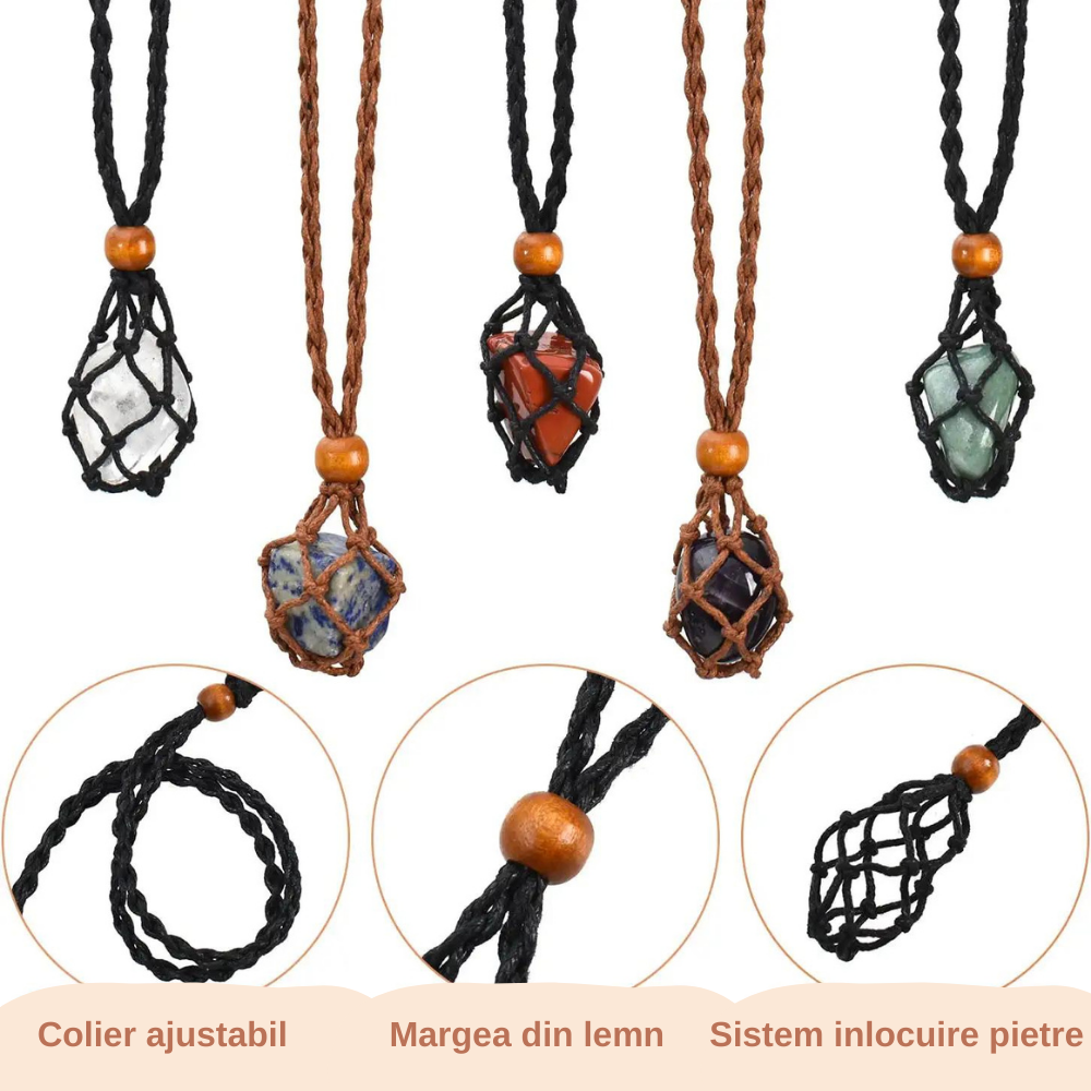 Set coliere ce contine 7 cristale naturale chakre si doua lanturi de franghie reglabile, realizate manual de diferite dimensiuni, un cadou ideal pentru femei, barbati si copii