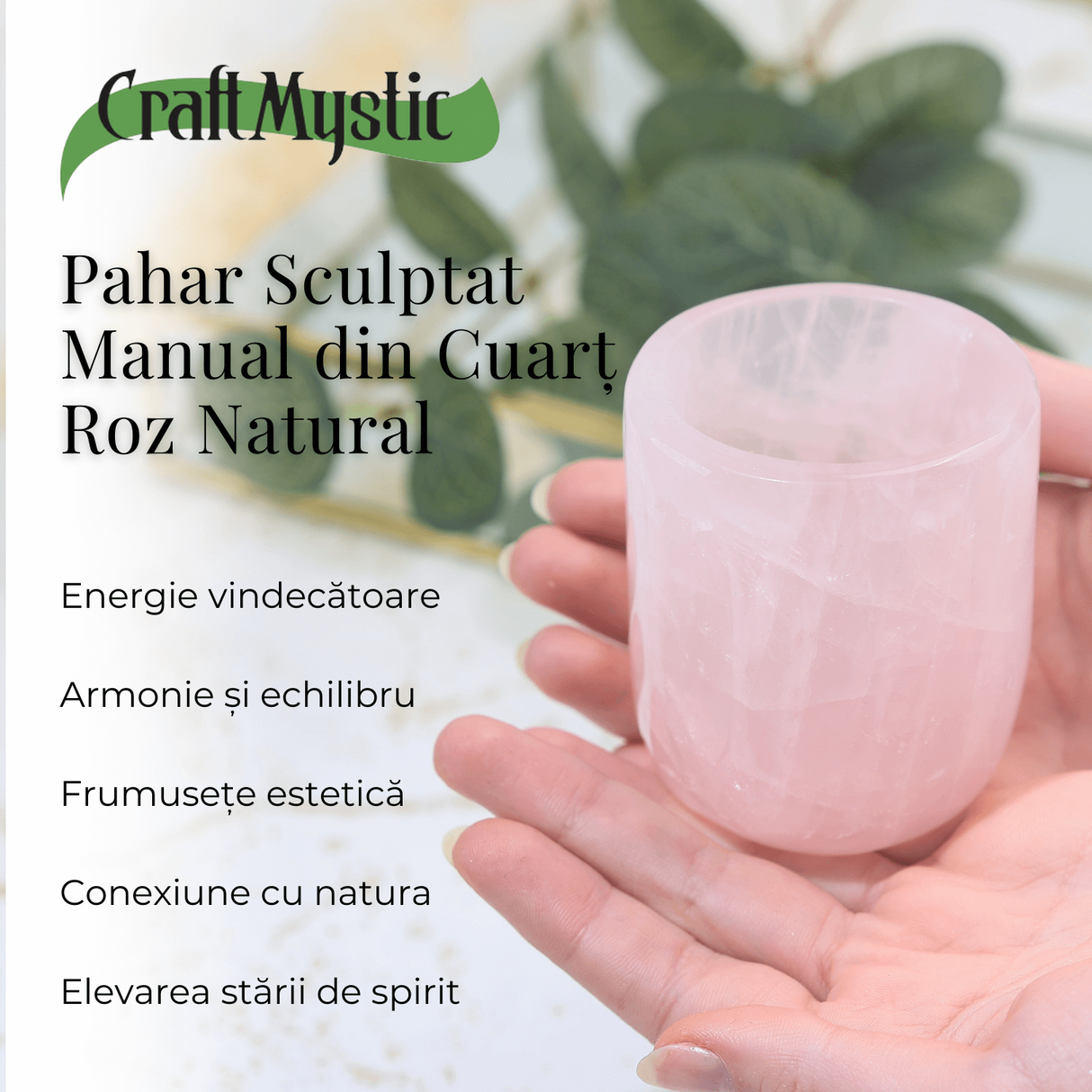 Pahar din Cuart Roz Natural, Sculptat Manual, 75 mm - Armonizare si Relaxare