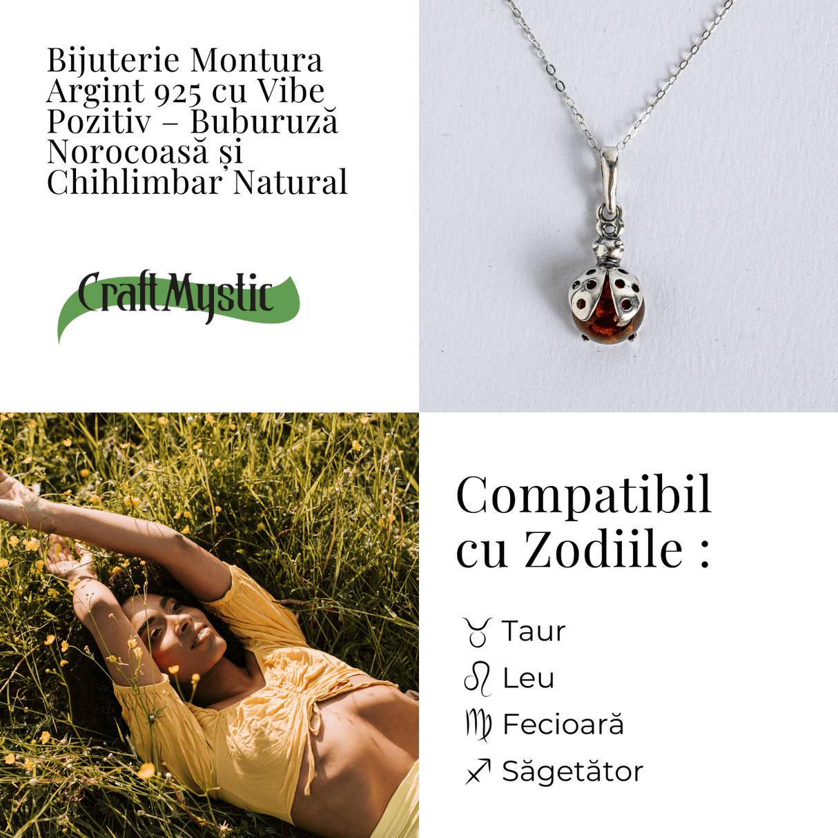 Bijuterie montura argint 925 cu vibe pozitiv - Colier Buburuza norocoasa si chihlimbar natural