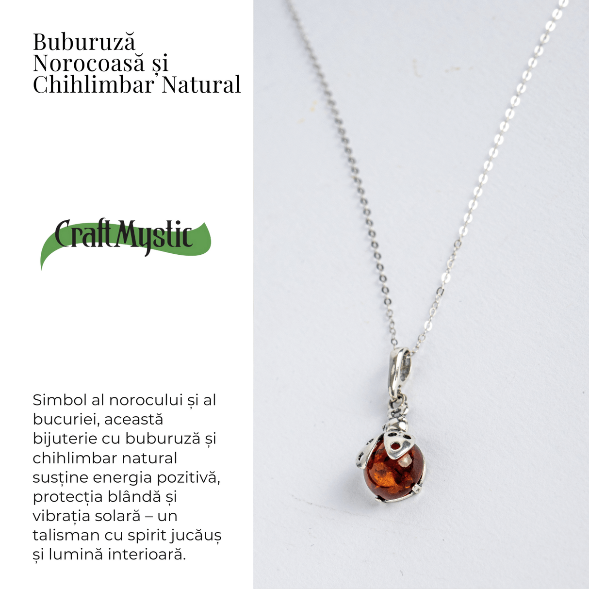 Bijuterie montura argint 925 cu vibe pozitiv - Colier Buburuza norocoasa si chihlimbar natural