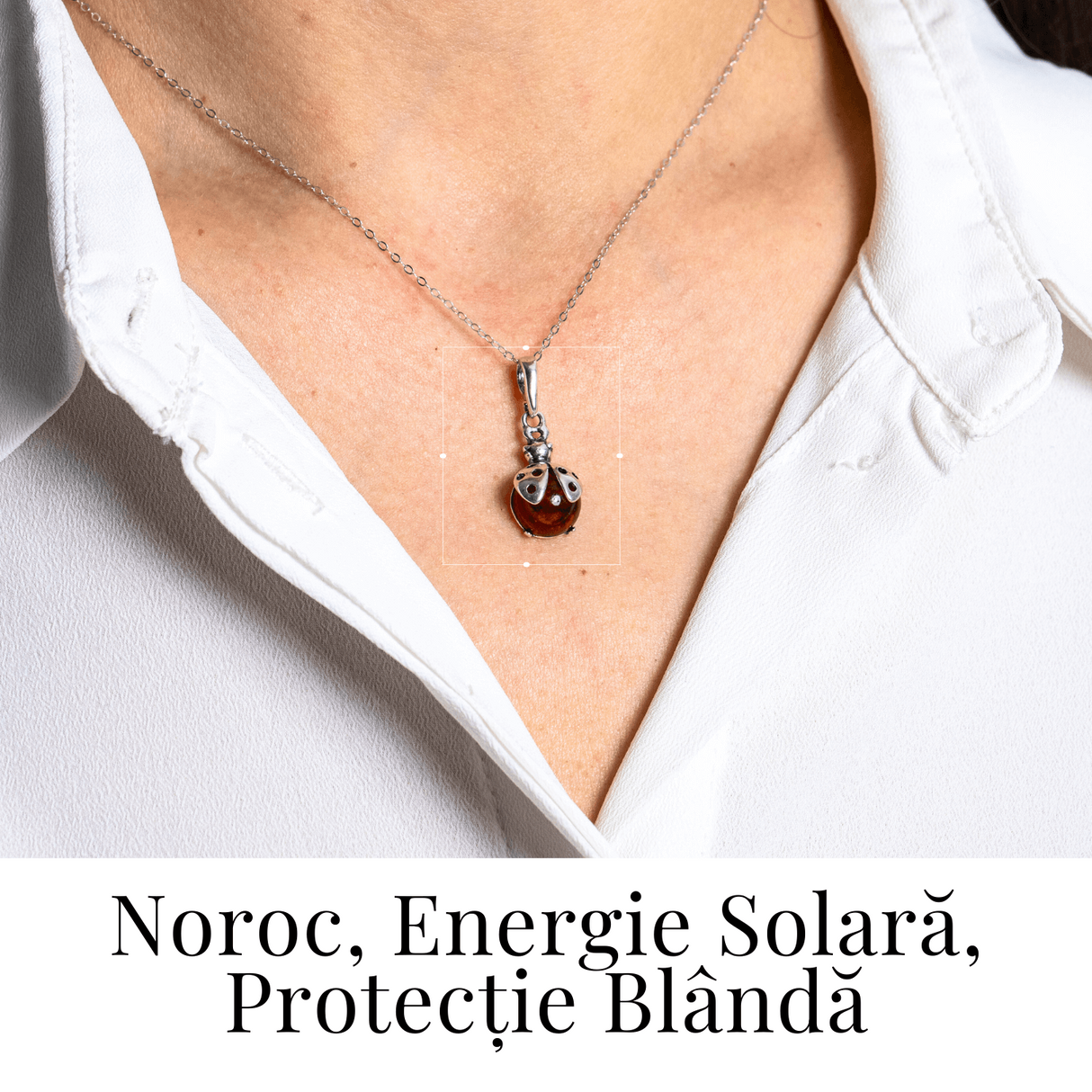 Bijuterie montura argint 925 cu vibe pozitiv - Colier Buburuza norocoasa si chihlimbar natural