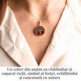 Colier argint 925 cu chihlimbar natural - copacul vietii rotund