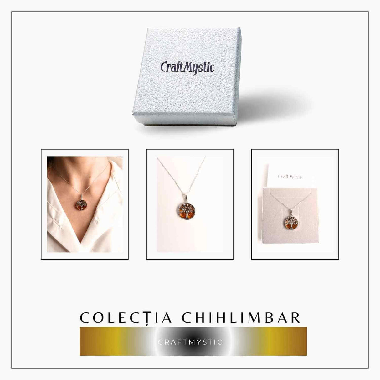 Colier argint 925 cu chihlimbar natural - copacul vietii rotund