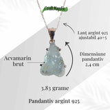 Colier Argint 925 cu Acvamarin Brut 3.00gr - Liniste Interioara si Claritate