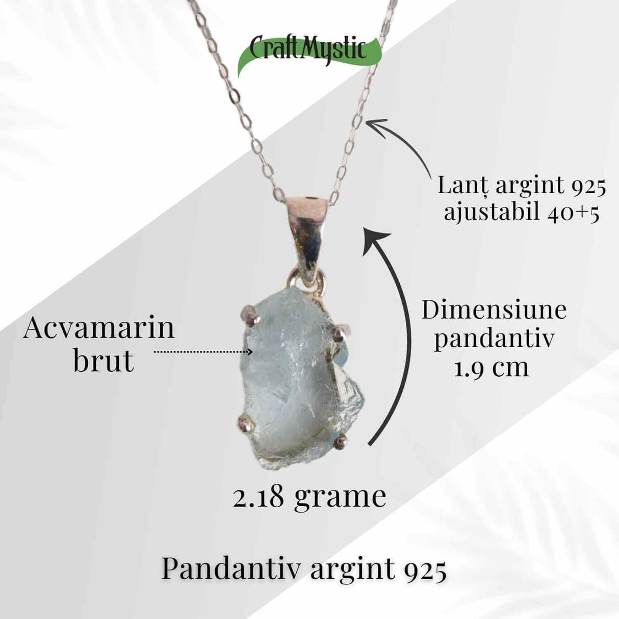 Colier Argint 925 cu Acvamarin Brut 3.00gr - Liniste Interioara si Claritate