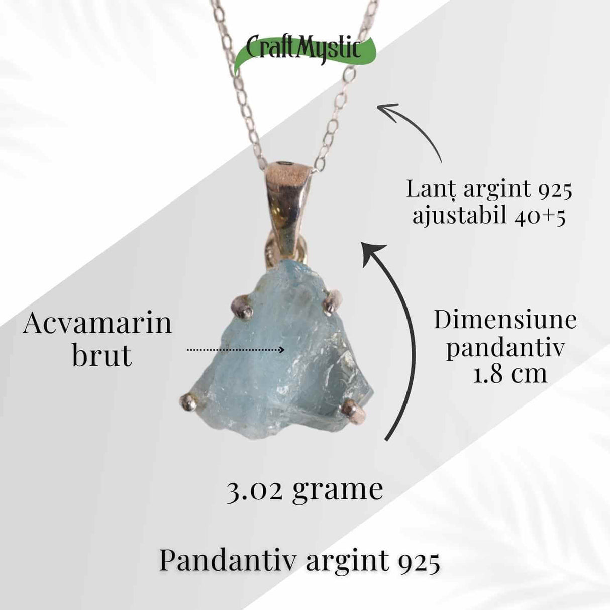 Colier Argint 925 cu Acvamarin Brut 3.00gr - Liniste Interioara si Claritate