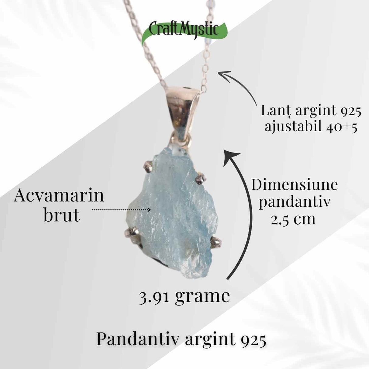 Colier Argint 925 cu Acvamarin Brut 3.00gr - Liniste Interioara si Claritate