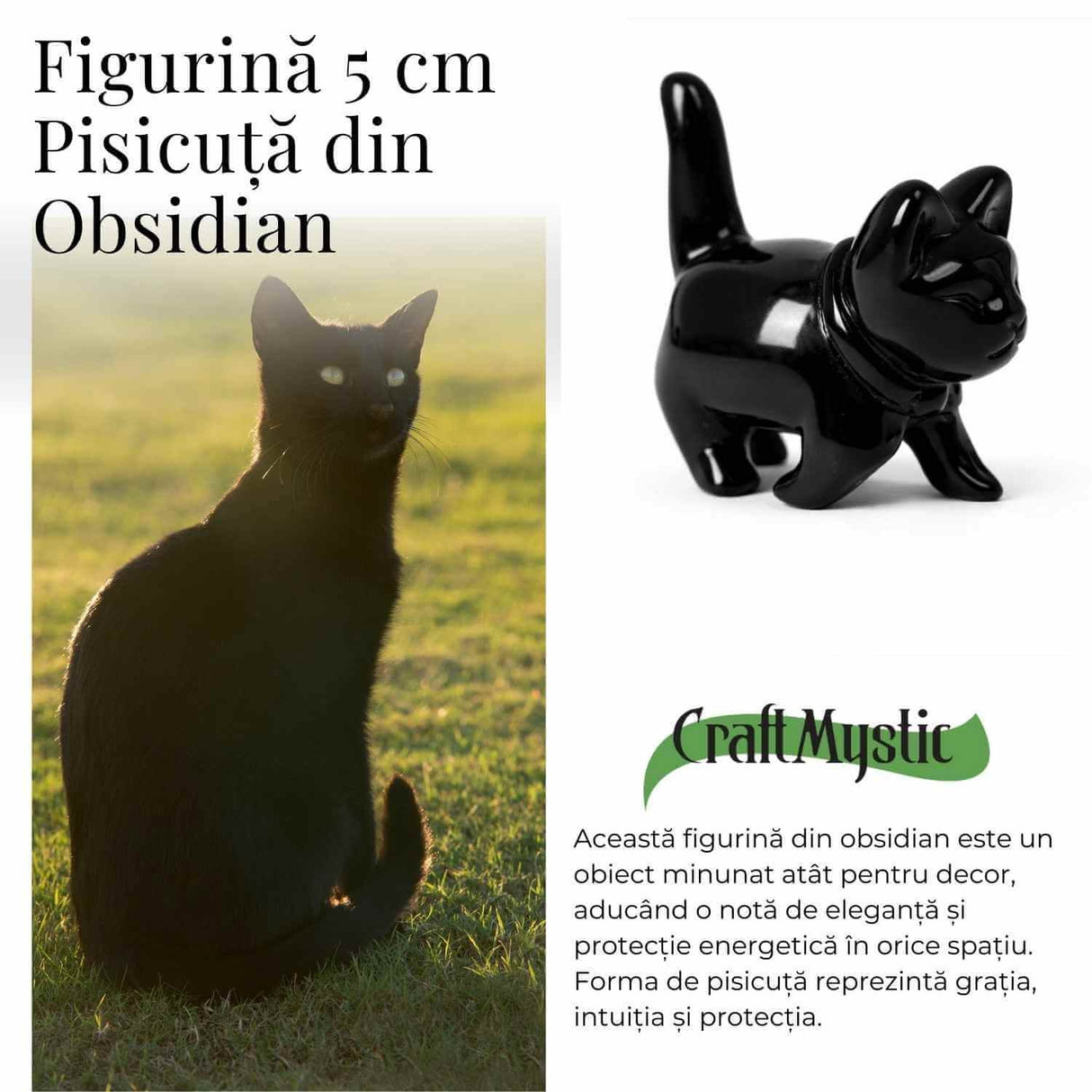 Figurina Pisica din Obsidian Negru – Protectie, Intuitie si Eleganta Mystica