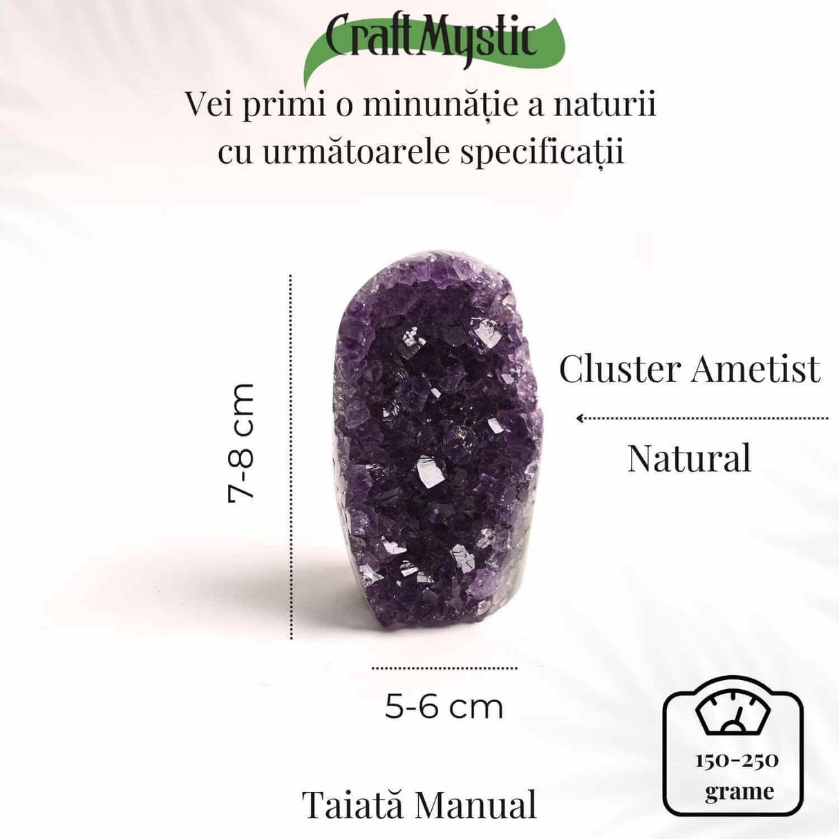 Geoda de ametist natural, taiata manual - Protectie si echilibru H= 10-11 cm L= 6-8 cm 500-600 gr