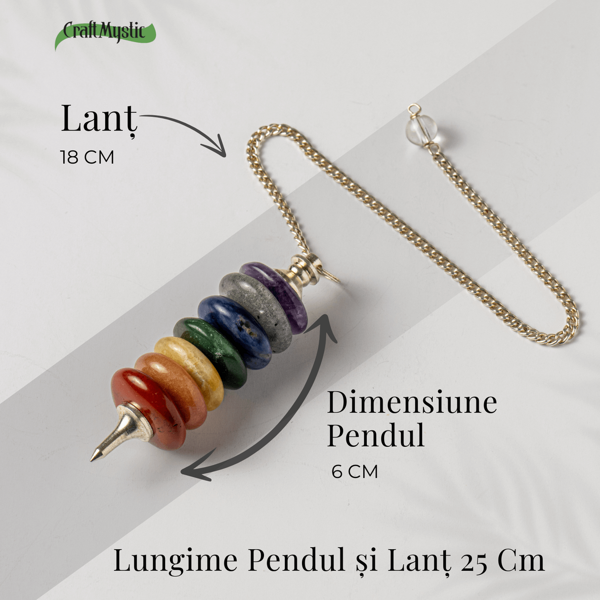 Pendul cu 7 Inele si Pietre Naturale - Echilibru si Vindecare Chakre